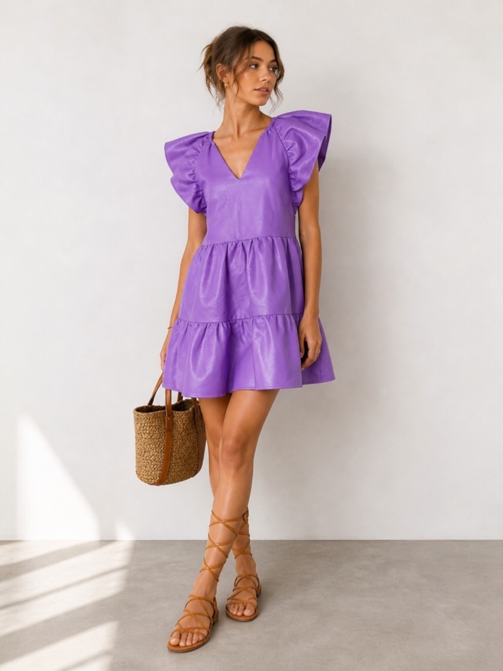 Buddy Love Ronnie Faux Leather Mini Dress Purple Ruffle Sleeve V Neck XS
